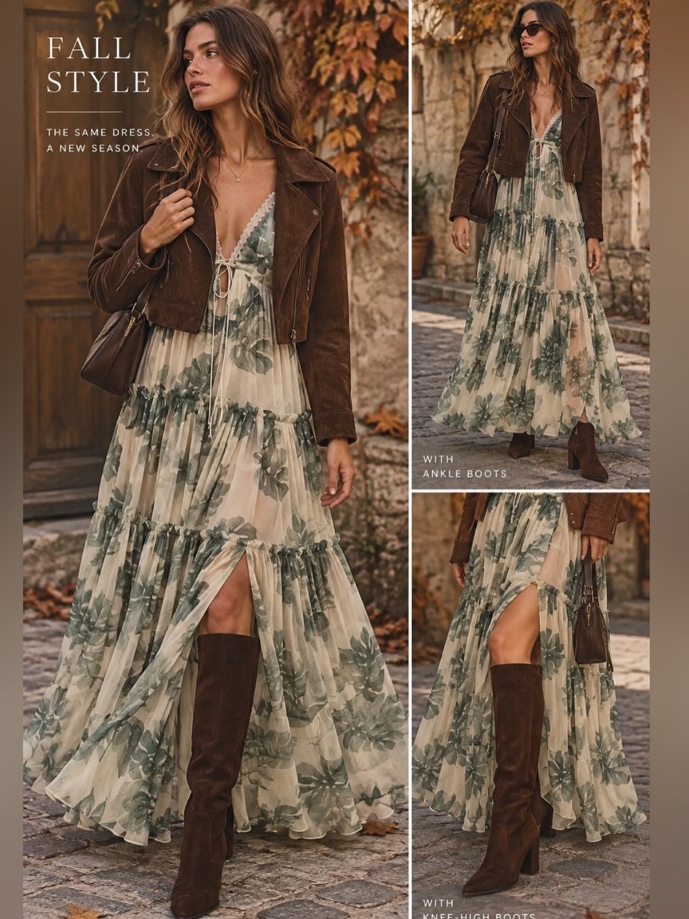 Free People Green Leaf-Print Tiered Maxi Dress